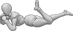 Referência de poses- Mulher deitada de barriga para baixo - Mulher deitada numa pose gira, de barriga para baixo, com as mãos a apoiar a cabeça