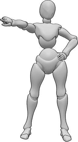 Référence des poses- Pointage de la pose de sortie - Une femme en colère se tient debout, la main gauche sur la hanche et pointe la main droite.