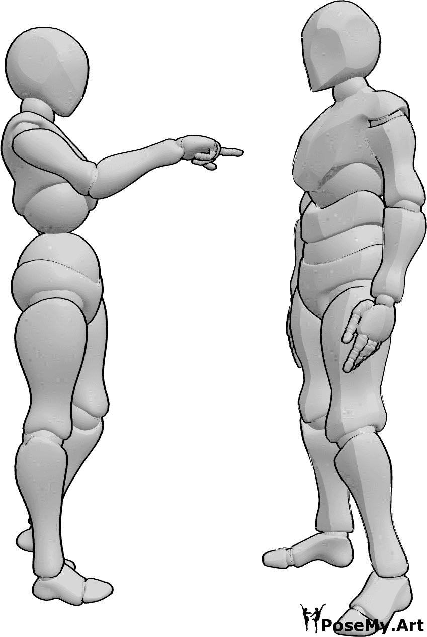 Pose Reference- Female pointing male pose - Female is standing with her left hand on hip and pointing at the male in front of her
