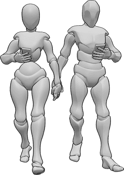 Referência de poses- Casal em pose de telemóvel - Mulher e homem caminham, seguram nas mãos um do outro e jogam nos seus telemóveis