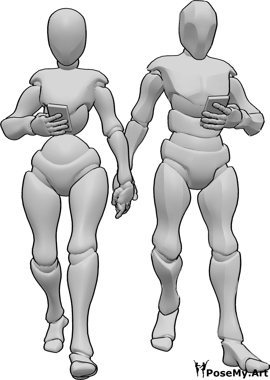 Pose Reference- Couple walking phones pose - Female and male are walking, holding each other's hands and playing on their phones
