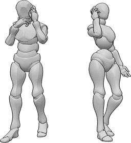 Riferimento alle pose- Posa telefonica femminile maschile - Una donna e un uomo sono in piedi e parlano al cellulare