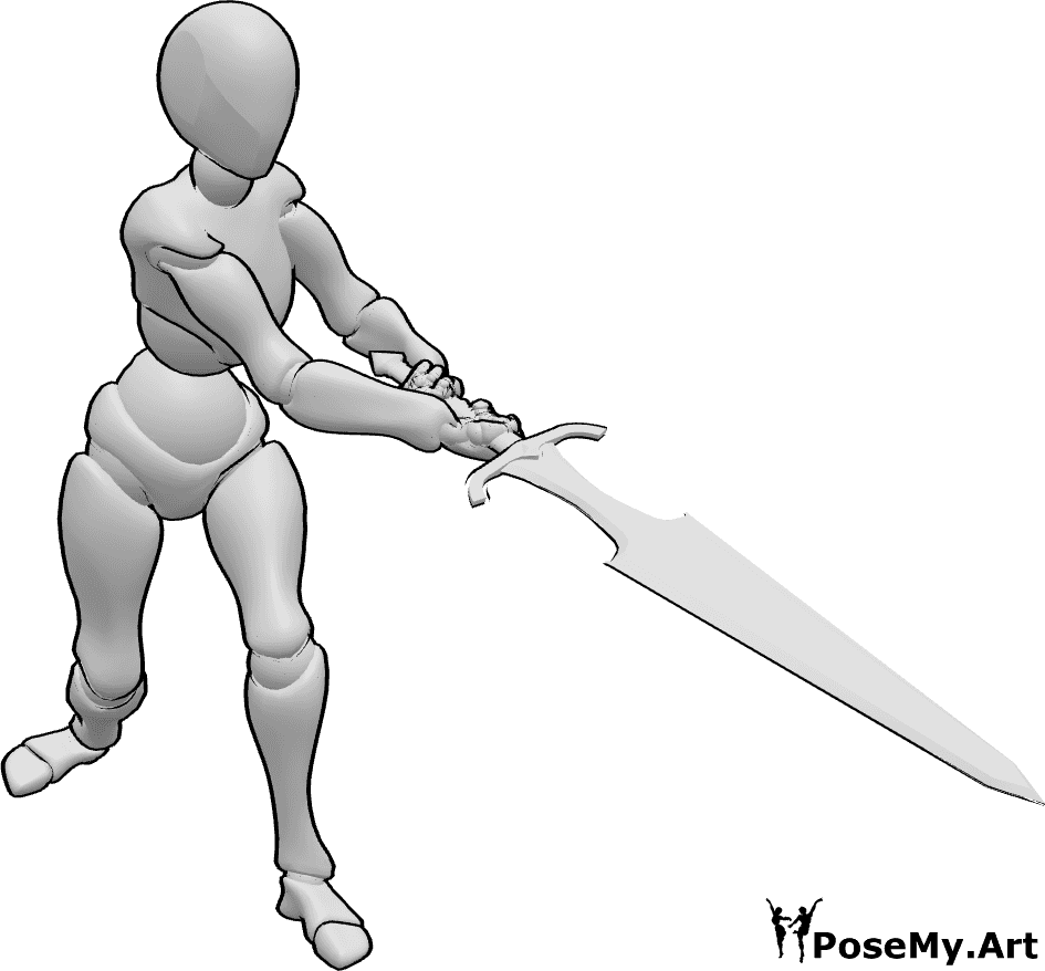 Pose Reference - Sword swing pose - Female swinging a sword pose