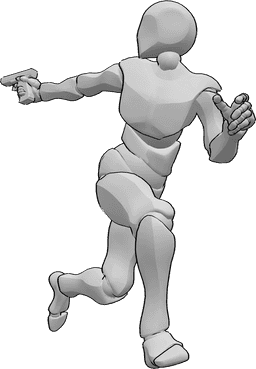 Pose Reference - Running shooting back pose - Male is running with a gun in his right hand, looking back and shooting