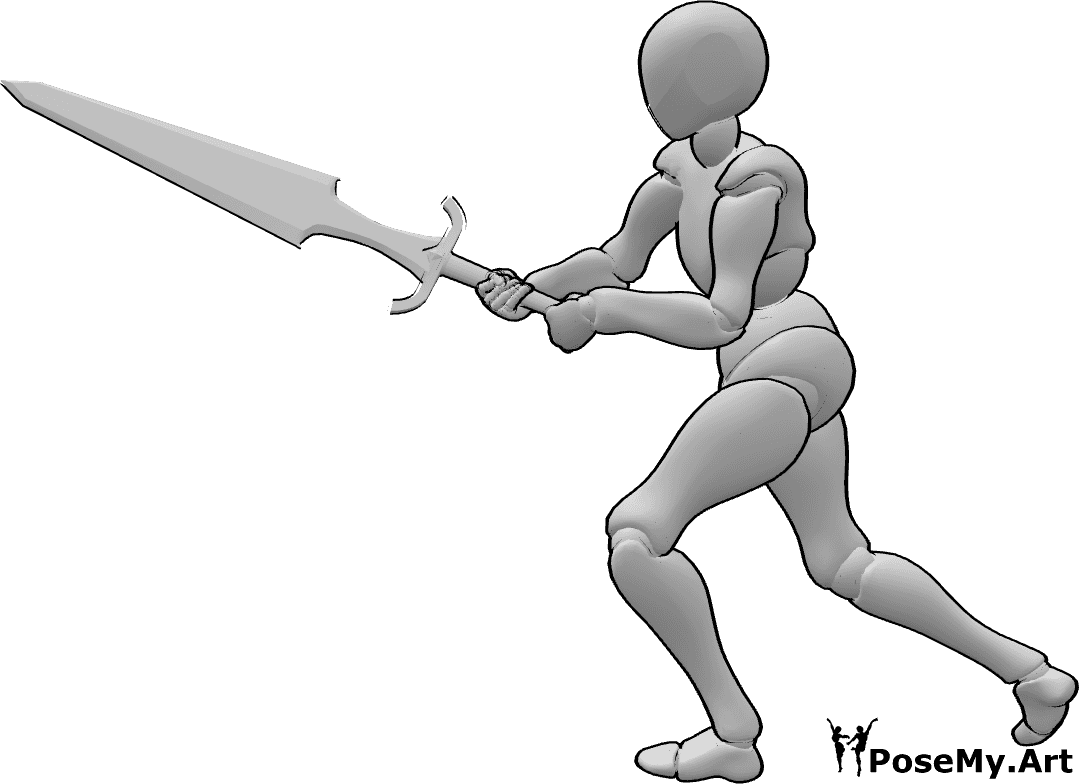 Pose Reference - Sword swing combo pose - Female swinging a sword in a combo pose