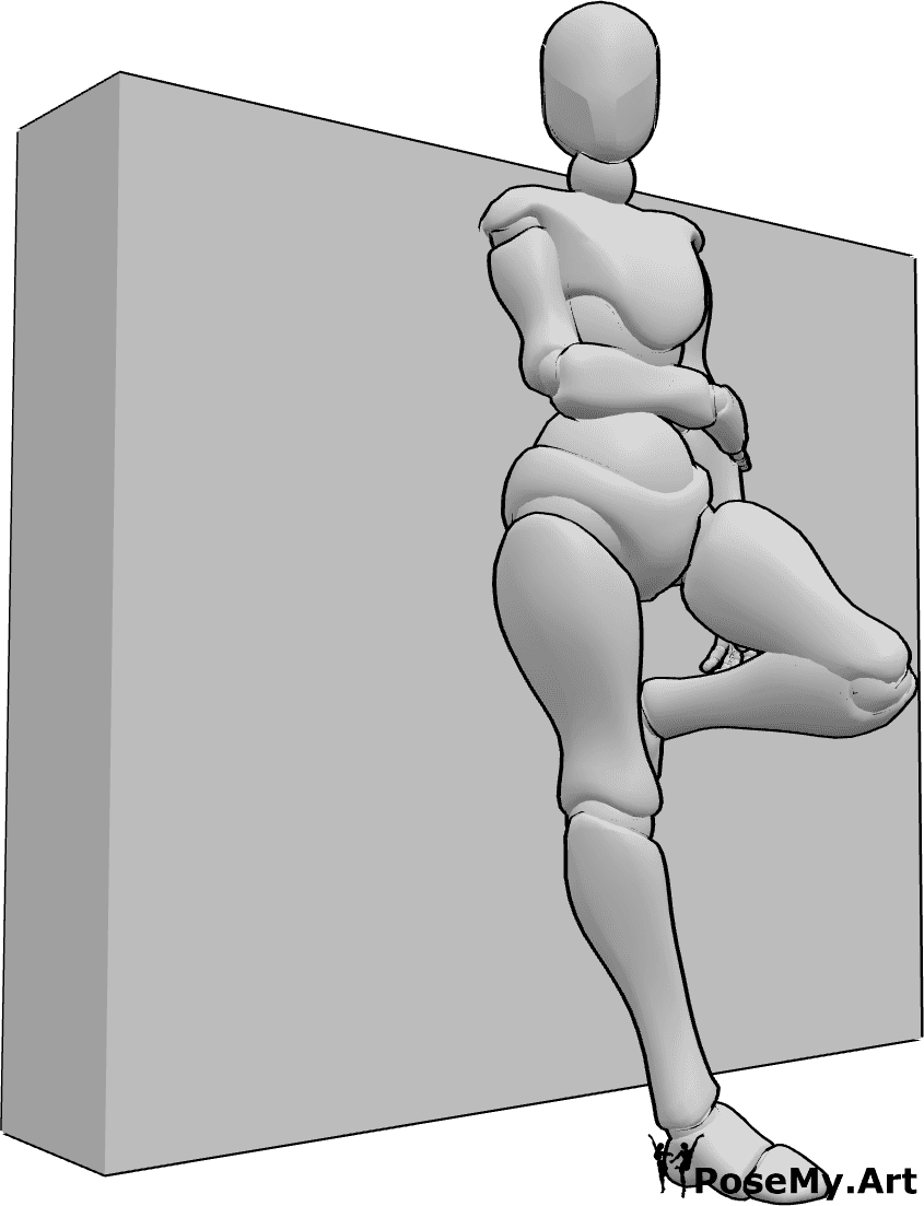 Pose Reference - Female leaning leg pose - Female is leaning against the wall with her back and left leg and looking to the right