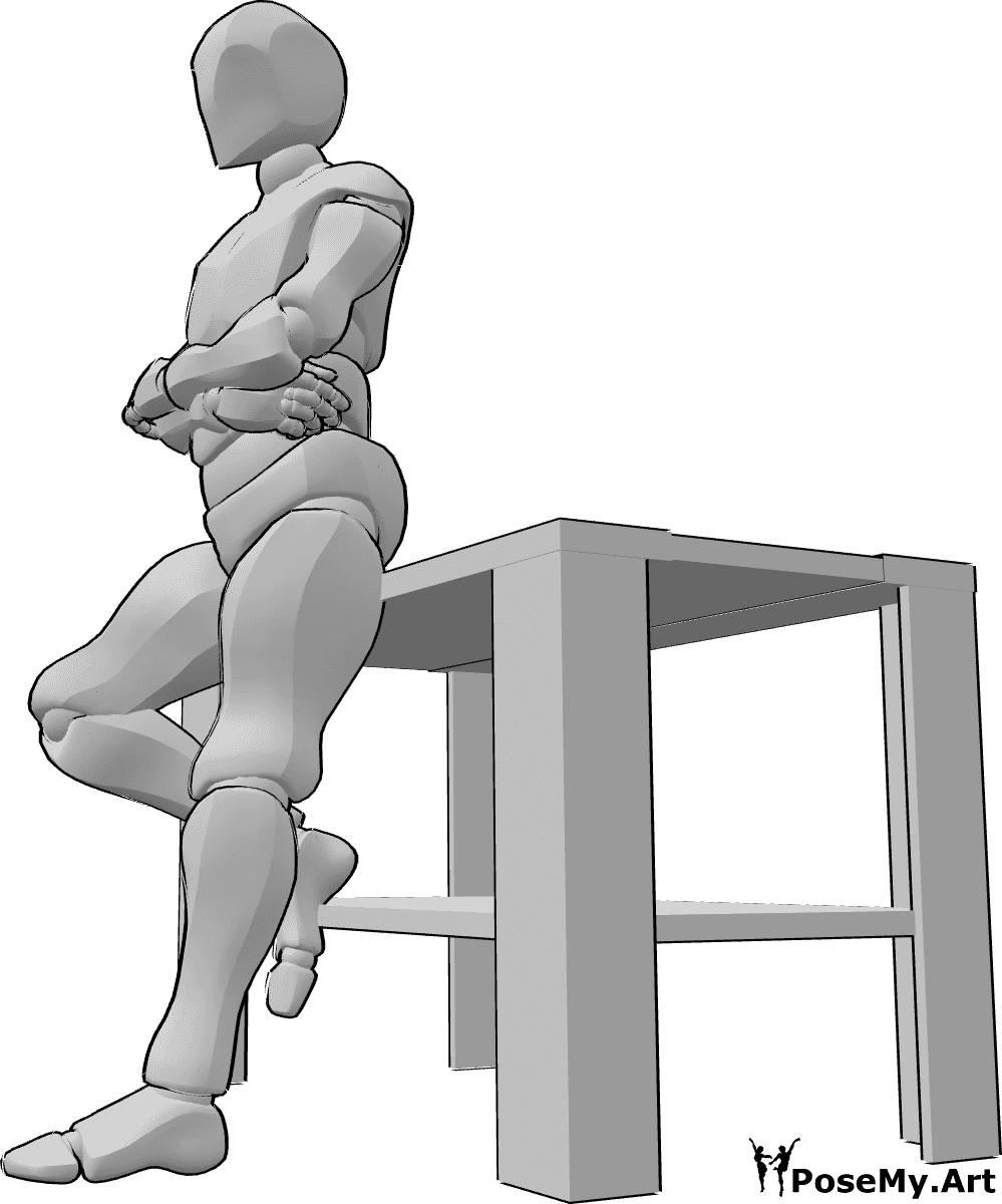 Pose Reference - Male leaning table pose - Male is leaning on the table, his arms are crossed and he is looking forward