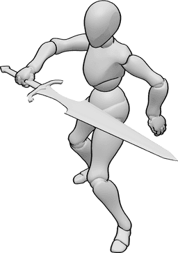 Pose Reference - Sword front slash pose - Female front slashing with her sword