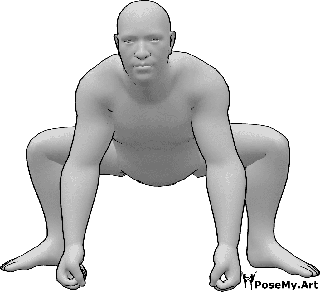 Pose Reference - Wrestler crouching fists pose - Male sumo wrestler crouching with fists on the floor pose