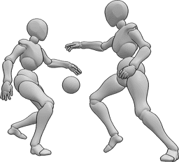 Pose Reference - Female players dribbling pose - Two females are playing handball, one of them is dribbling, the other one is trying to catch the ball