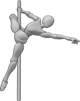 Pose Reference - Female pole dance pose - Female pole dancer is holding the pole with her right hand and right leg