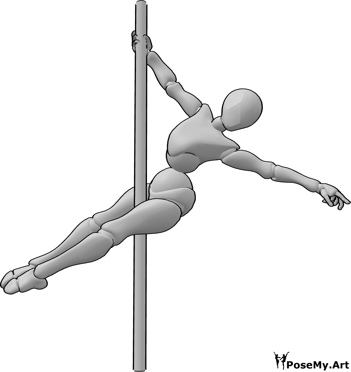 Pose Reference - Pole dance spin pose - Female pole dancer is holding the pole with her right hand and spinning around
