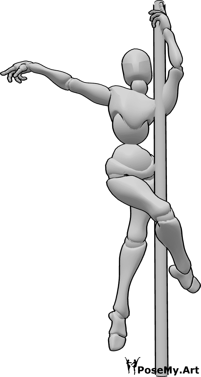 Pose Reference - Pole dancing pose - Female pole dancer is dancing on the pole, holding it with her left hand and right leg