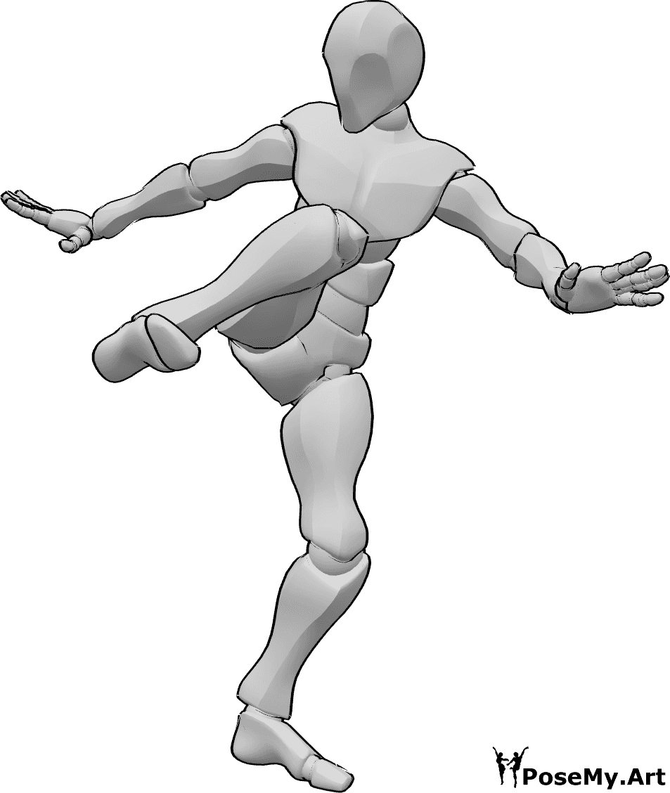 Pose Reference - Low side kick pose - Male capoeira low side kicking pose with right foot