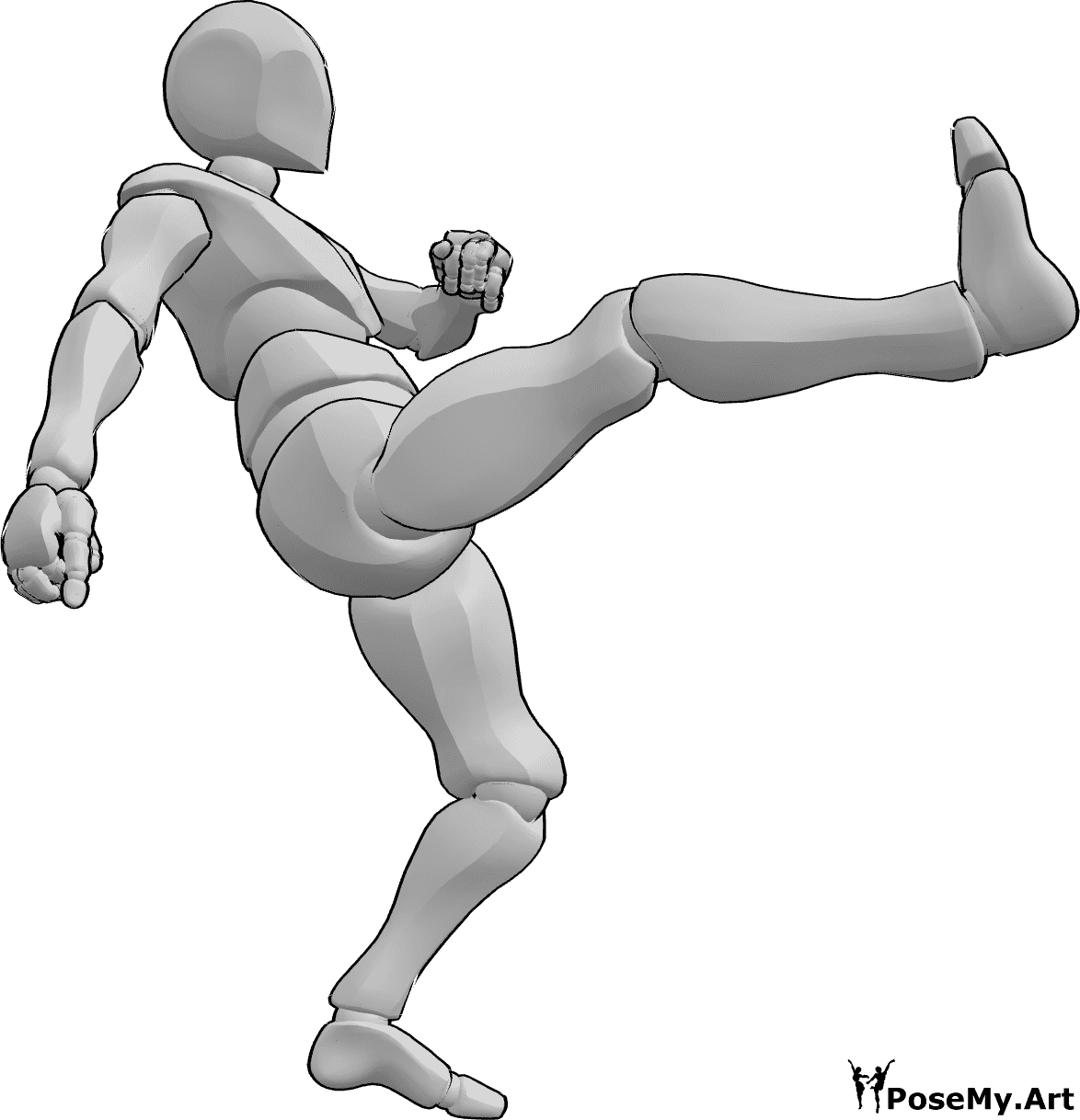Pose Reference - High kicking pose - Male is kicking high with his right foot, while clenching his fists