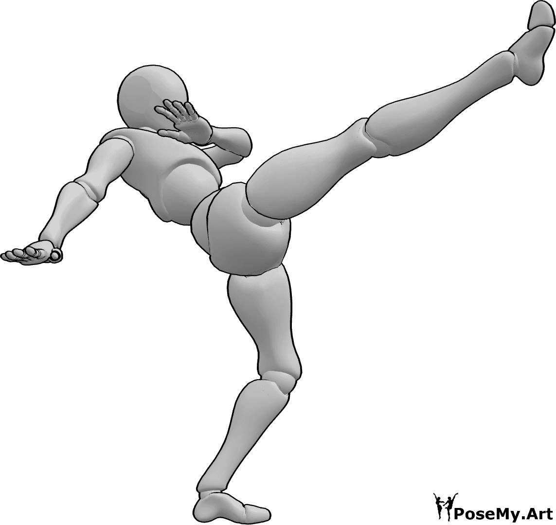 Pose Reference - Female capoeira kick pose - Female dynamic capoeira spinning high kick with right foot
