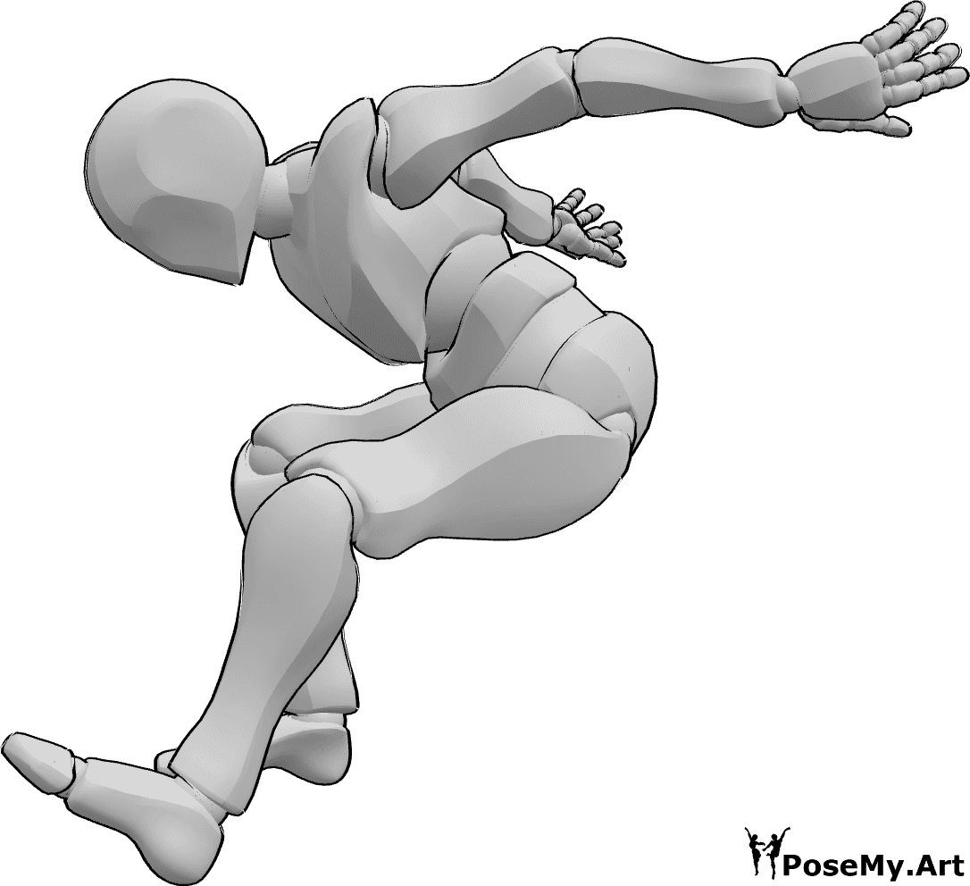 Pose Reference - Parkour landing ground pose - Male is jumping from high, preparing for landing on the ground