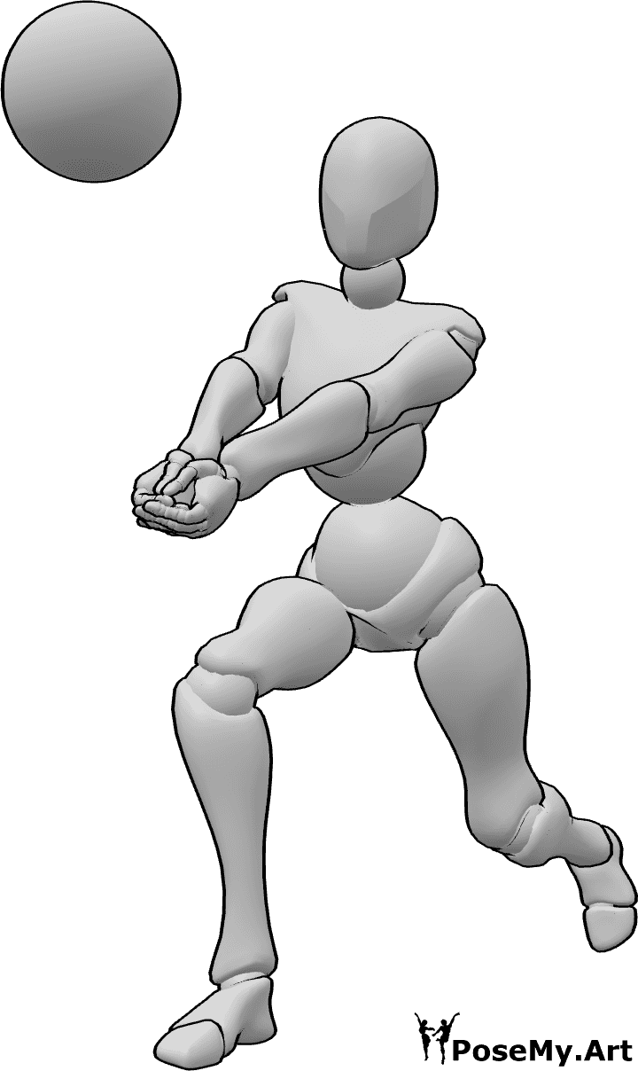 Pose Reference - Female volleyball bump pose - Female volleyball player is running and passing the ball with a bump