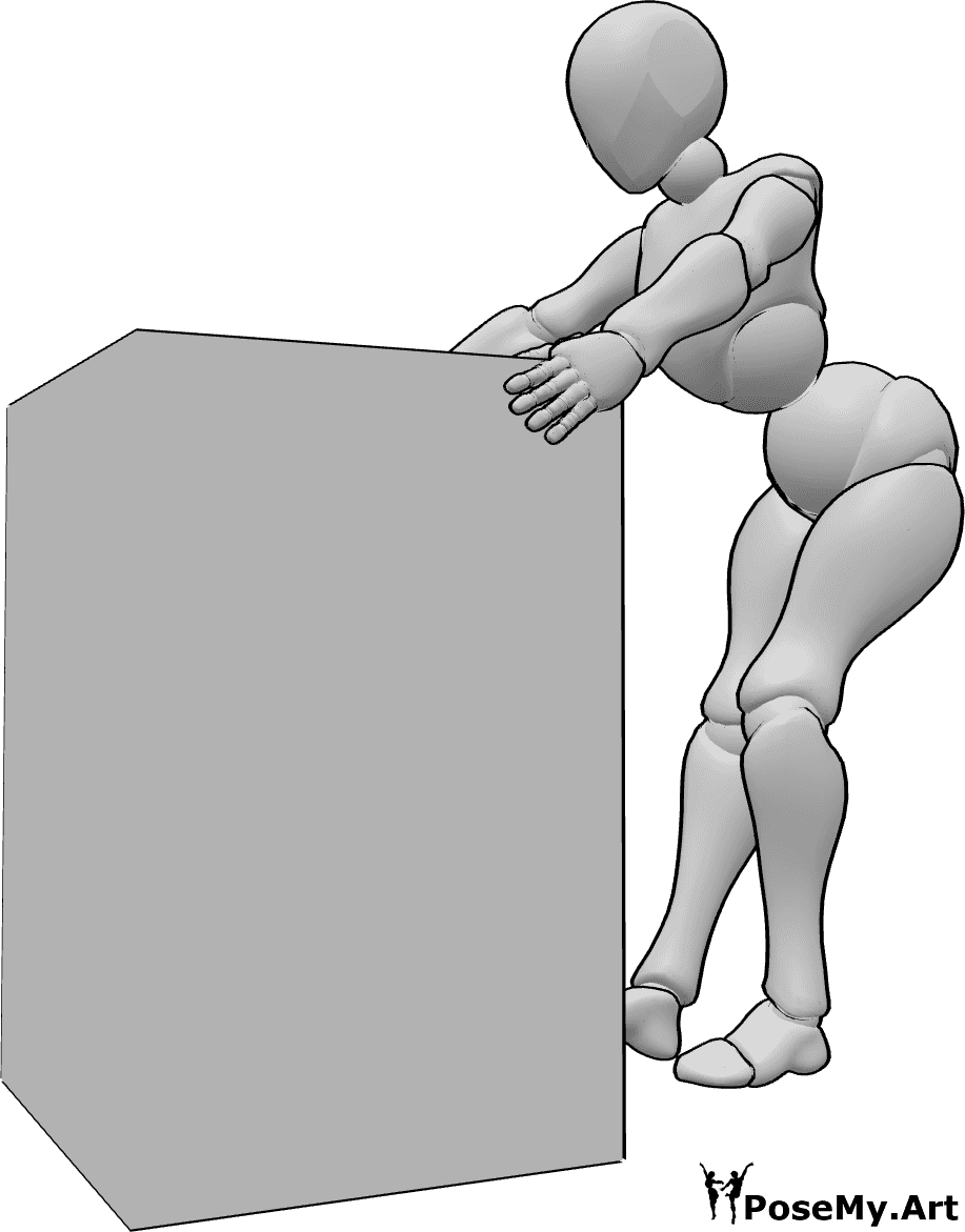 Pose Reference - Pulling large object pose - Female is bending down slightly and pulling a large object backwards