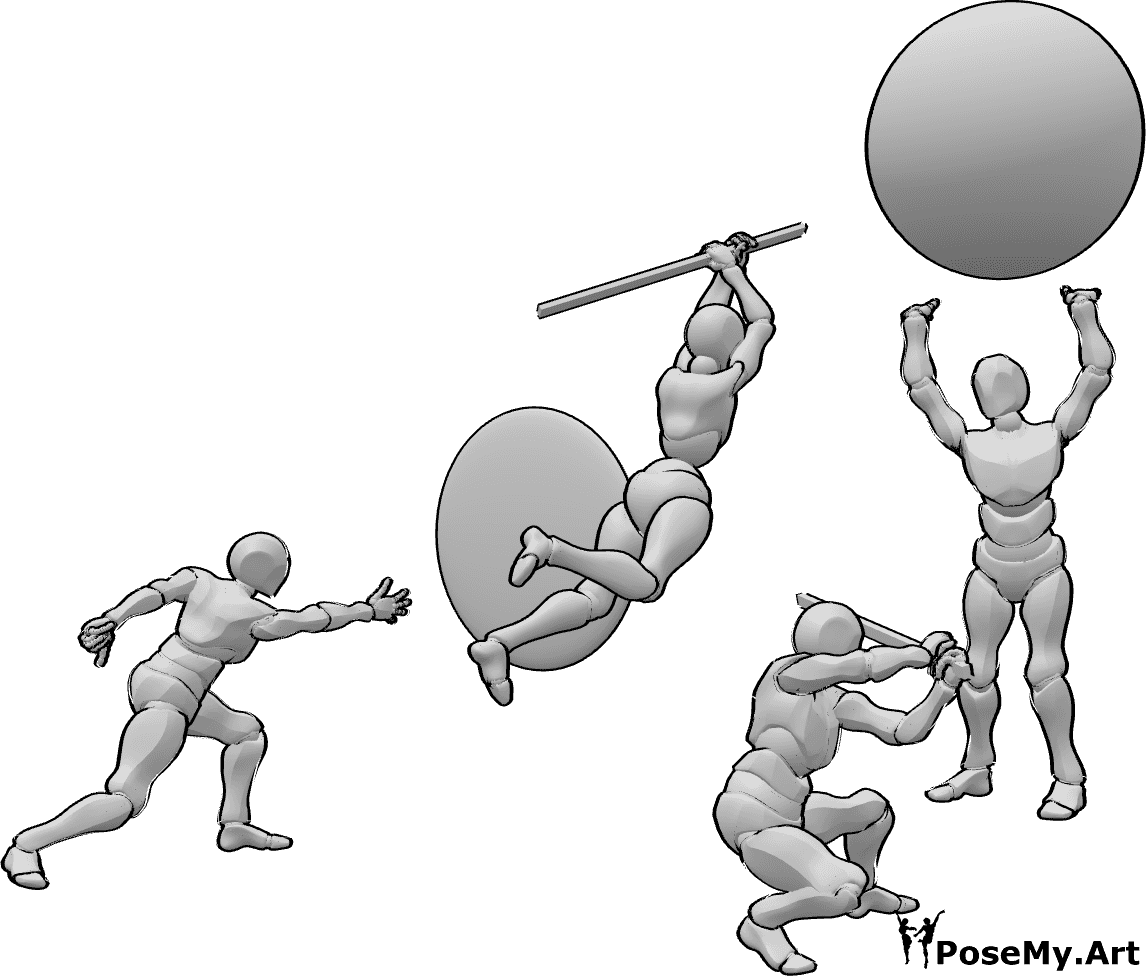 Pose Reference - fight four figures - attack scene 3 figures on man with sphere