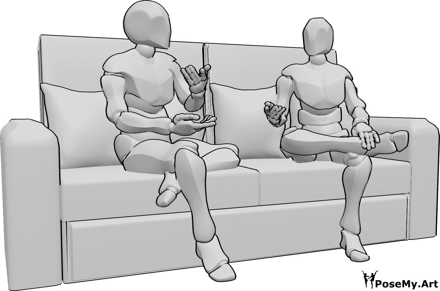 Pose Reference - Males sitting casual conversation pose - Two males are sitting on a couch and talking, having a casual conversation