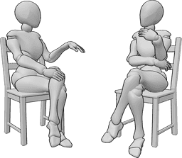 Pose Reference - Two females gossiping conversation pose - Two females are sitting on chairs and talking, gossiping, having a conversation