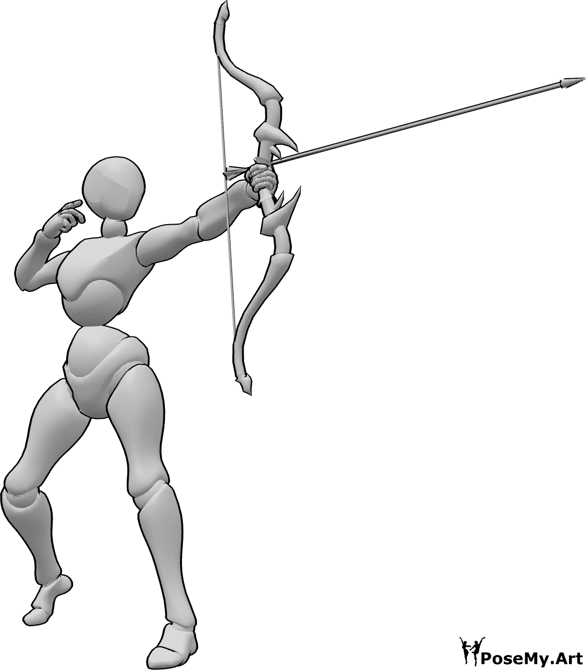 Pose Reference - Female shooting arrow pose - Female is standing and shooting an arrow with her bow in her left hand