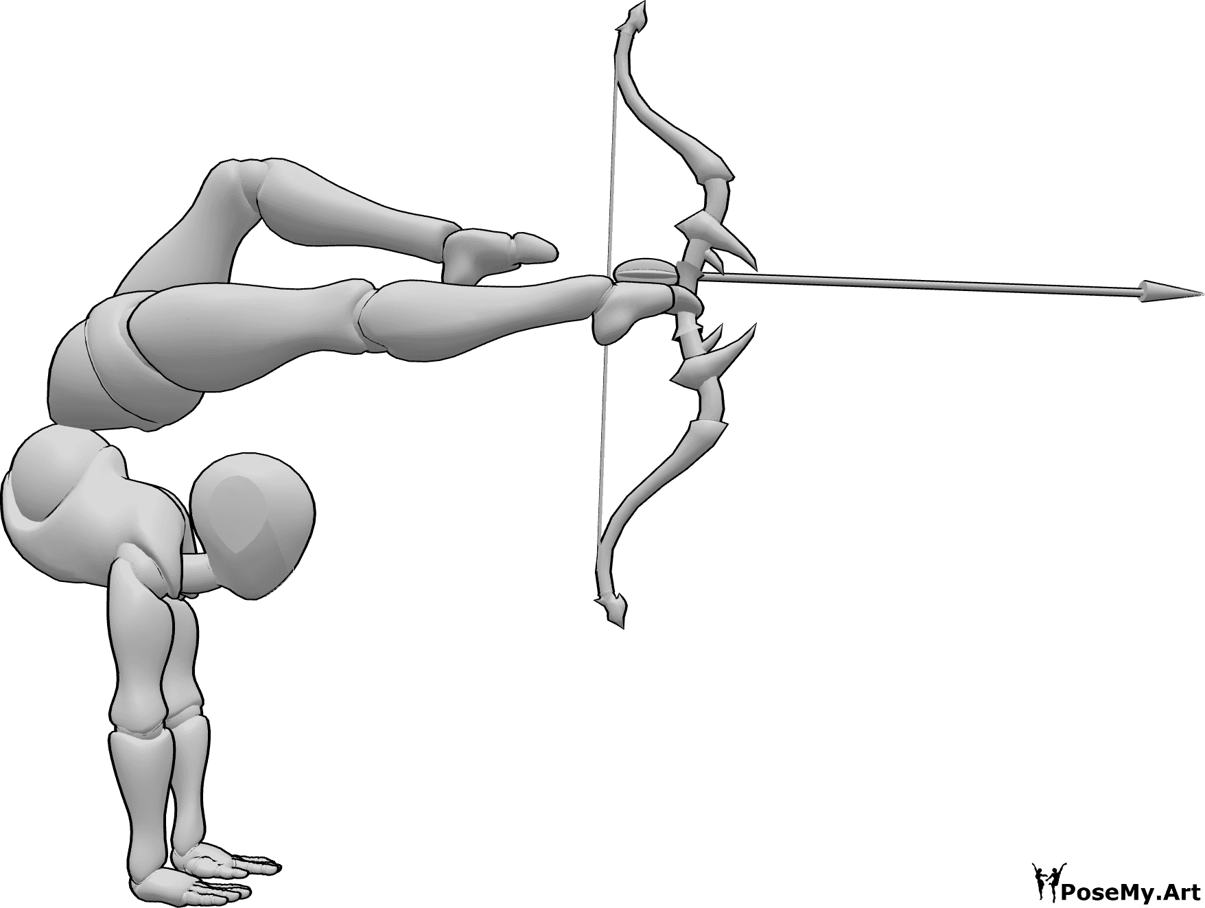 Pose Reference - Acrobatic shooting pose - Acrobatic archery pose, female is handstanding and shooting with her feet