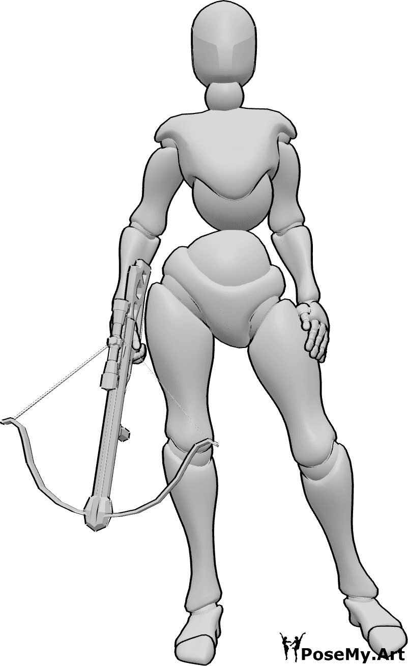 Pose Reference - Female crossbow pose - Female is standing confidently while holding a crossbow in her right hand