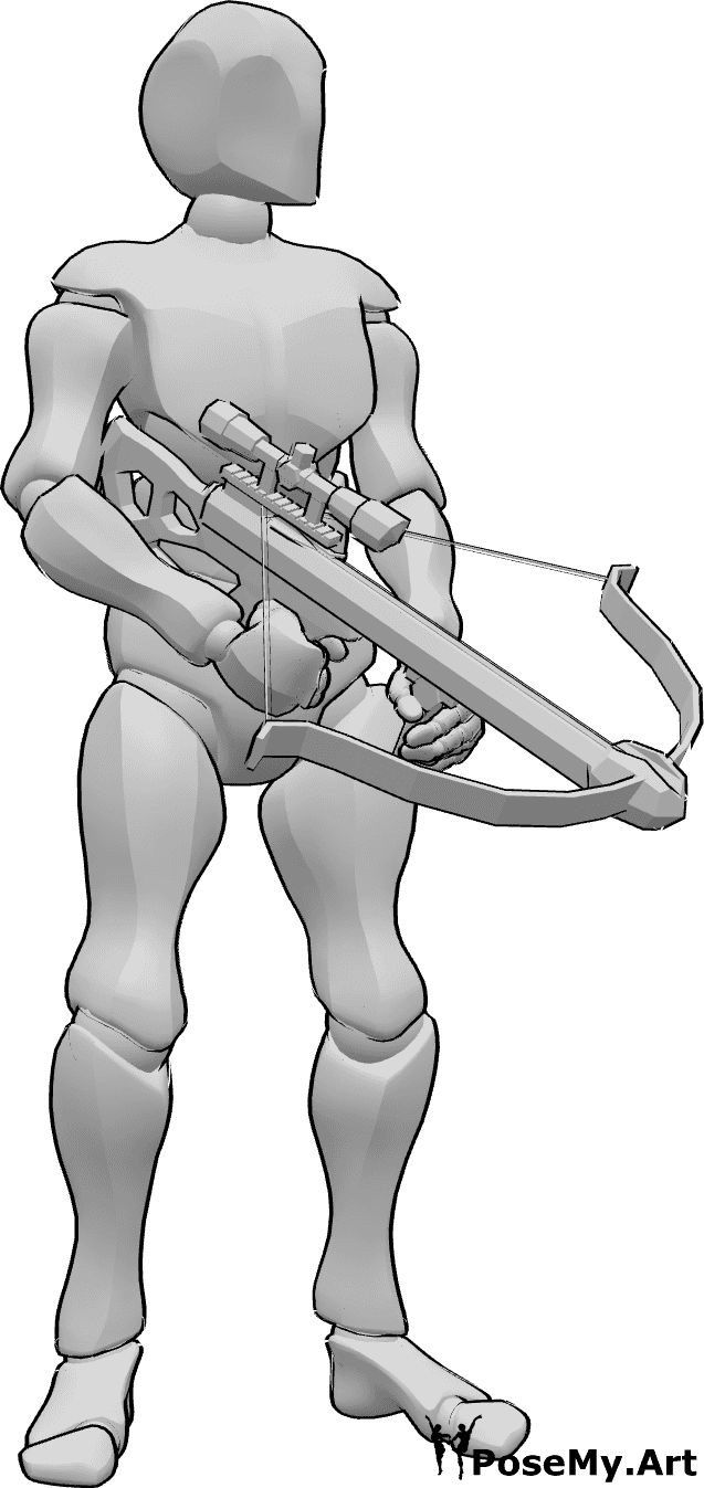 Pose Reference - Male crossbow pose - Male is standing with a crossbow, holding it with two hands and looking to the left