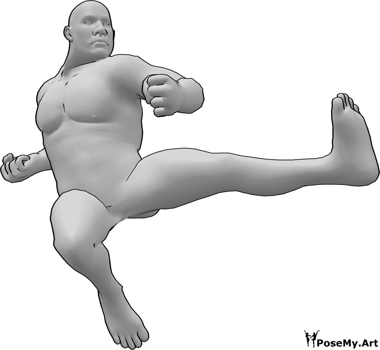 Pose Reference - Brute male kicking pose - Brute male is kicking with his left foot from running, his hands clenched into fists