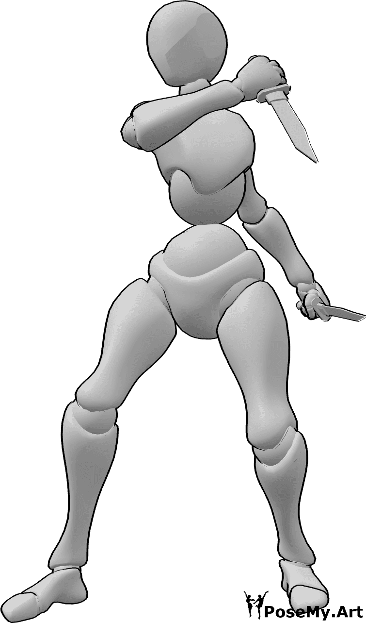 Pose Reference - Female daggers attacking pose - Female is standing and holding two daggers, turning to the right to attack