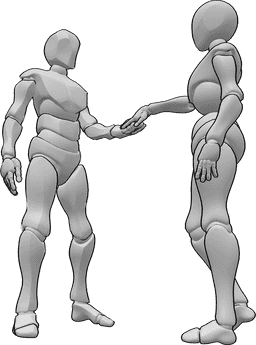 Pose Reference - Romantic holding hand pose - Female and male are standing, the male is holding the female's hand and looking at each other
