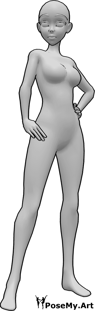 Référence des poses- Anime mains hanches pose - La femme animée se tient debout, les mains sur les hanches, et regarde vers la droite.
