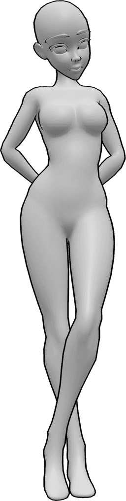 Référence des poses- Anime timide en position debout - Une femme timide se tient debout, les jambes croisées, les mains derrière le dos et le regard vers le bas.