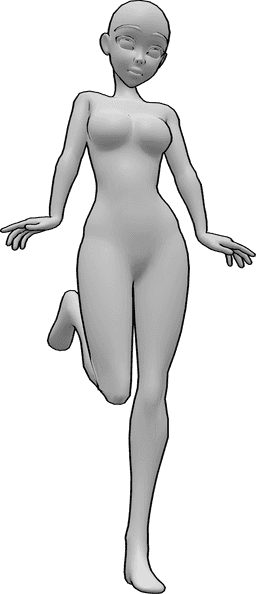 Referência de poses- Pose de pé de anime entusiasmado - Uma mulher anime excitada está de pé sobre o pé esquerdo e vira ligeiramente a cabeça para a esquerda