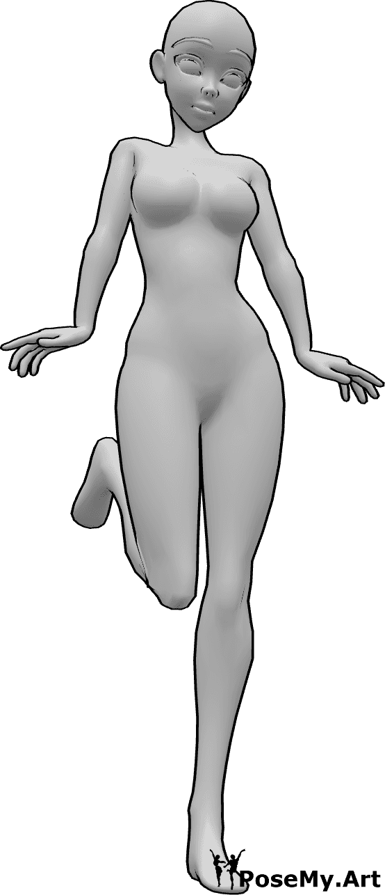 Référence des poses- Pose debout d'un anime excité - Une femme animée excitée se tient debout sur son pied gauche et tourne légèrement la tête vers la gauche.