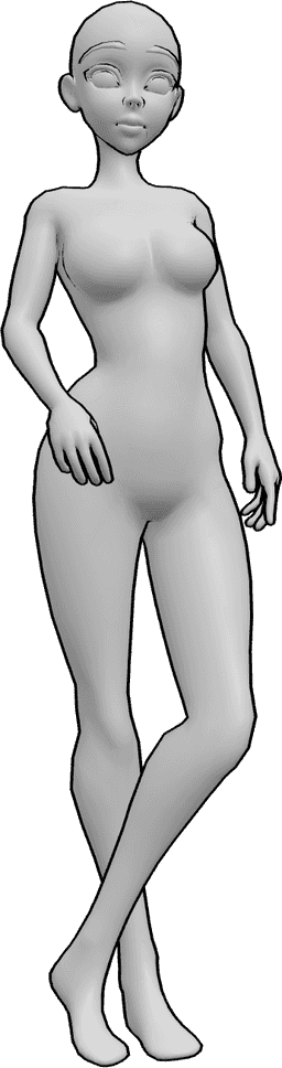 Posen-Referenz- Stehende Pose mit gekreuzten Beinen - Anime-Frau steht lässig mit gekreuzten Beinen und der rechten Hand in der Tasche