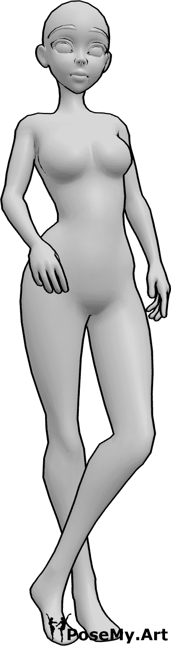 Référence des poses- Pose debout jambes croisées - Une femme animée se tient debout, les jambes croisées et la main droite dans la poche.