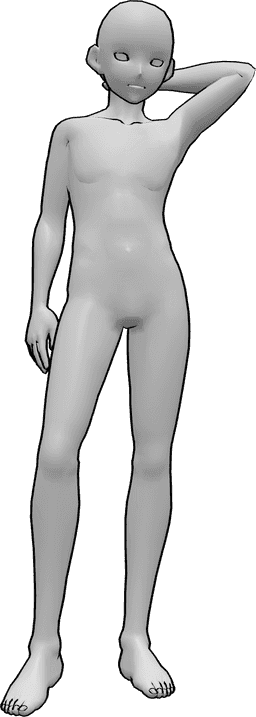 Posen-Referenz- Anime männliche stehende Pose - Anime-Männchen steht, schaut nach vorne und hält die linke Hand am Hinterkopf