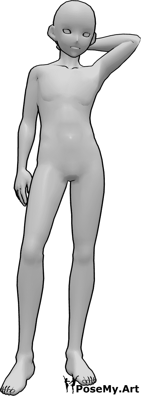 Riferimento alle pose- Anime maschile in posa eretta - L'uomo anonimo è in piedi, guarda in avanti e tiene la mano sinistra sulla nuca.