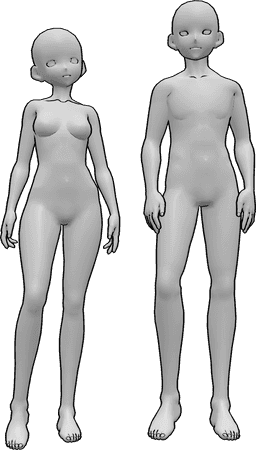 Référence des poses- Anime femme homme debout - Une femme et un homme d'animation se tiennent l'un à côté de l'autre et regardent vers l'avant.