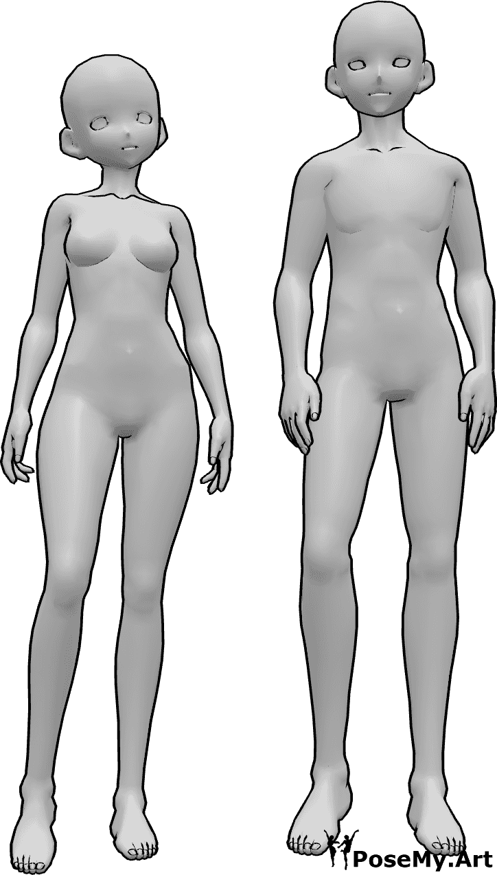 Référence des poses- Anime femme homme debout - Une femme et un homme d'animation se tiennent l'un à côté de l'autre et regardent vers l'avant.