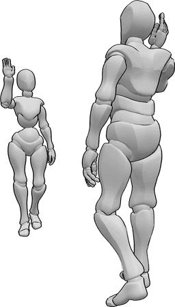 Posen-Referenz- Weiblich männlich winkende Pose - Frau und Mann stehen und winken sich gegenseitig zu