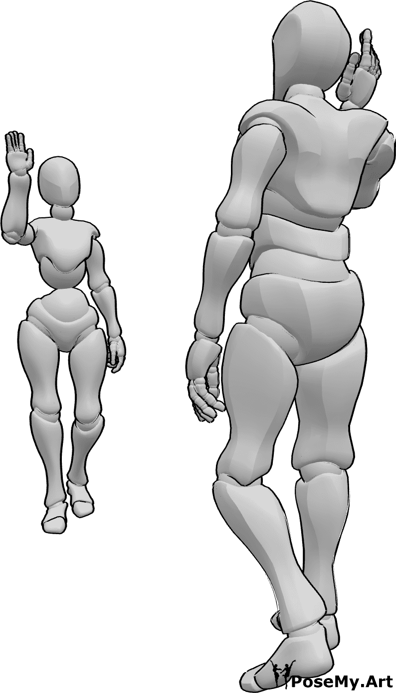 Posen-Referenz- Weiblich männlich winkende Pose - Frau und Mann stehen und winken sich gegenseitig zu