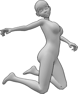 Riferimento alle pose- Posizione di salto con i piedi in alto - Una donna animata salta e alza i piedi e le mani in alto, guardando a destra.