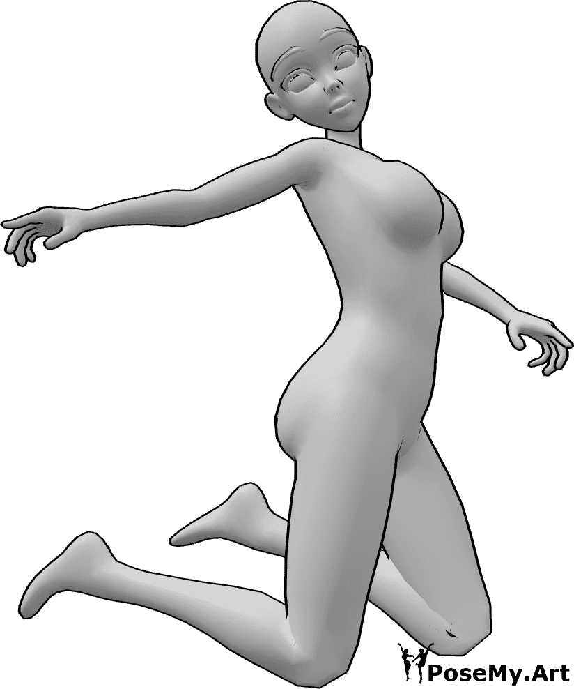 Referência de poses- Pose de salto com os pés levantados - A anime fêmea está a saltar e a levantar os pés e as mãos para o alto, olhando para a direita