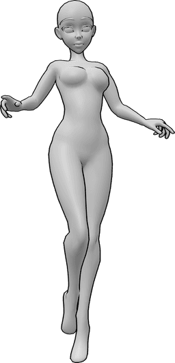Référence des poses- Anime posing jumping pose - Une femme animée saute haut et pose en l'air, regardant vers l'avant et levant les mains.