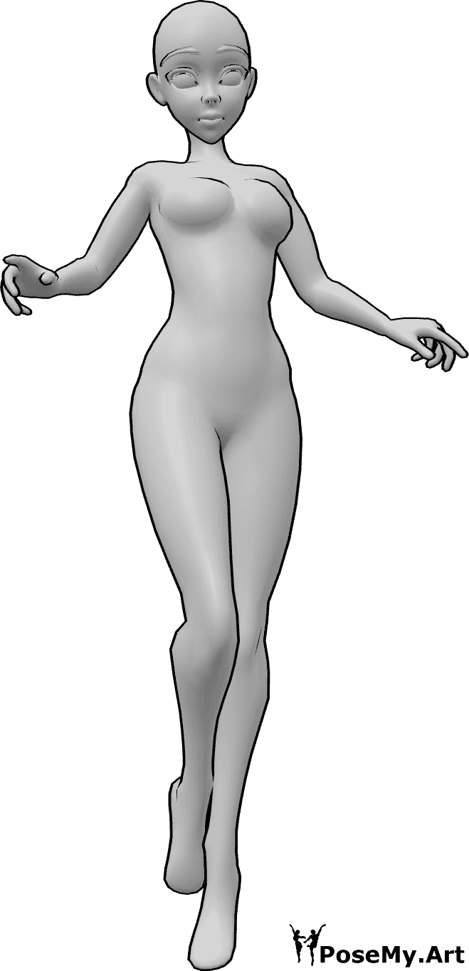 Référence des poses- Anime posing jumping pose - Une femme animée saute haut et pose en l'air, regardant vers l'avant et levant les mains.