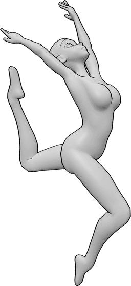 Referencia de poses- Postura de salto acrobático anime - Mujer anime está realizando un salto acrobático, levantando los pies y las manos y mirando hacia arriba